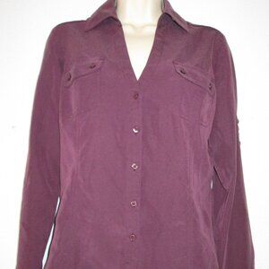 Express Women's sz M Purple Shirt Top Button Up Collar Slim Fit pockets V neck